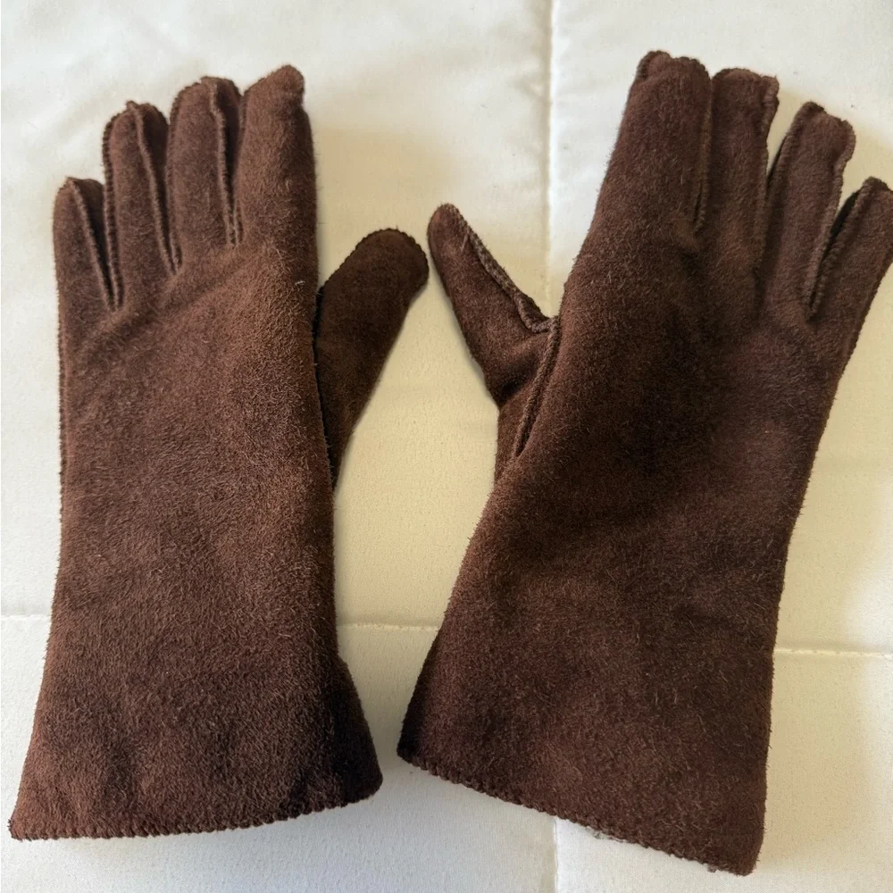 Brown genuine leather Suede Women's Gloves w/ shearling lining. S 6-6.5
